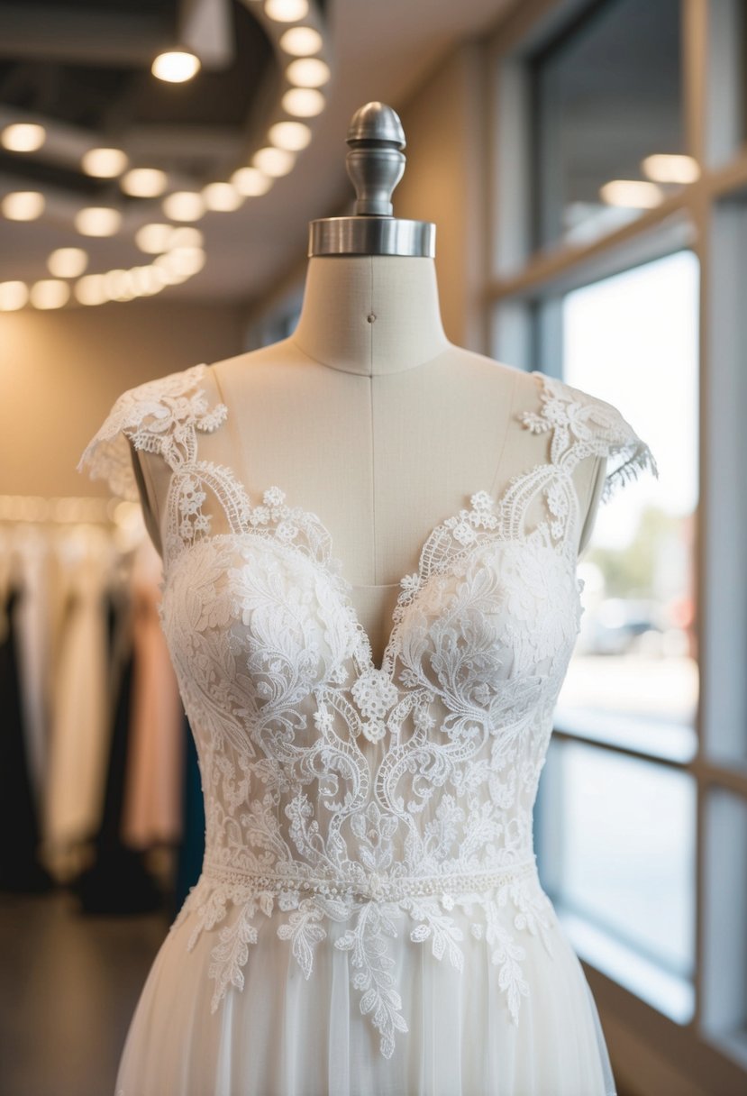 A lace illusion beauty wedding dress draped over a mannequin