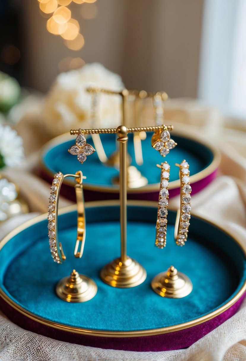 A collection of elegant gold wedding earrings displayed on a velvet-lined tray, catching the light and casting shimmering reflections