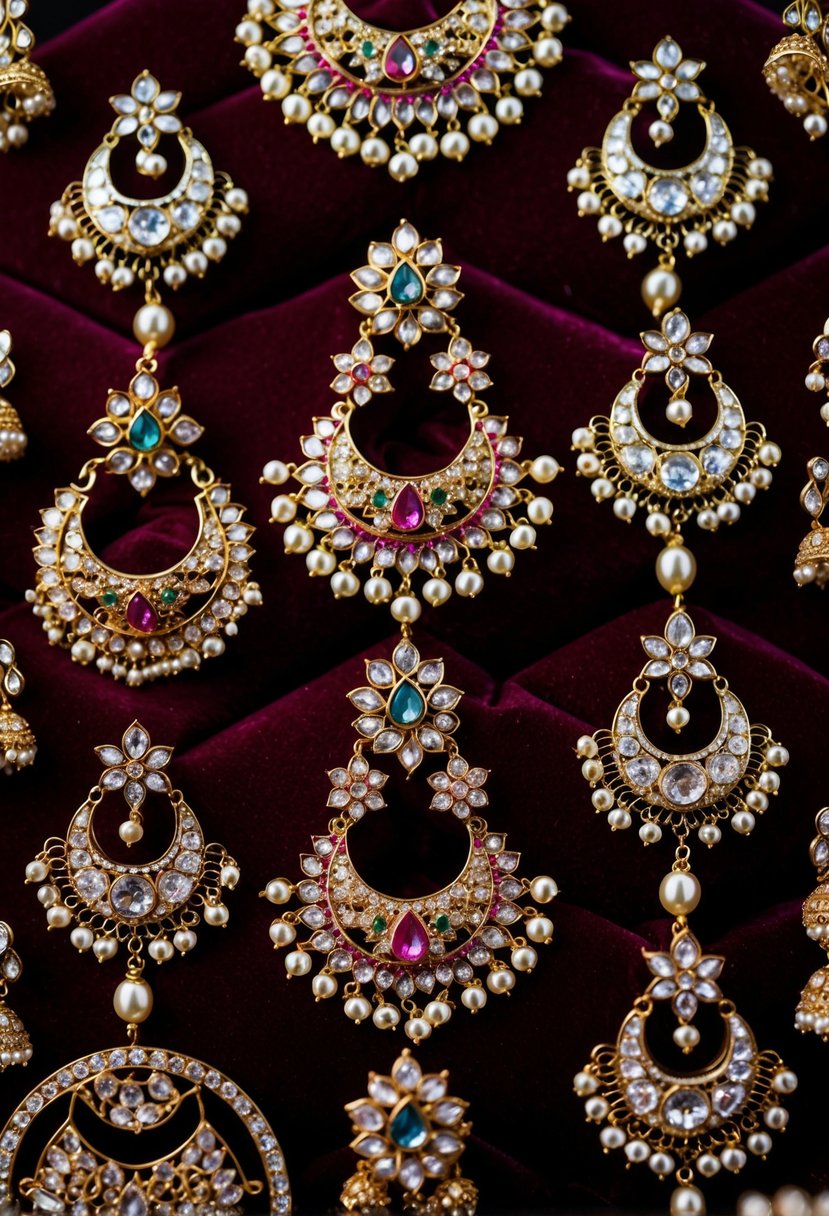 A vibrant display of intricate and ornate Indian wedding earrings arranged on a luxurious velvet backdrop, adorned with sparkling gemstones and delicate metallic details