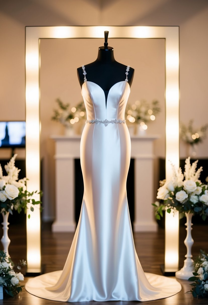 A sleek satin sheath wedding dress displayed on a mannequin, surrounded by elegant accessories and soft lighting