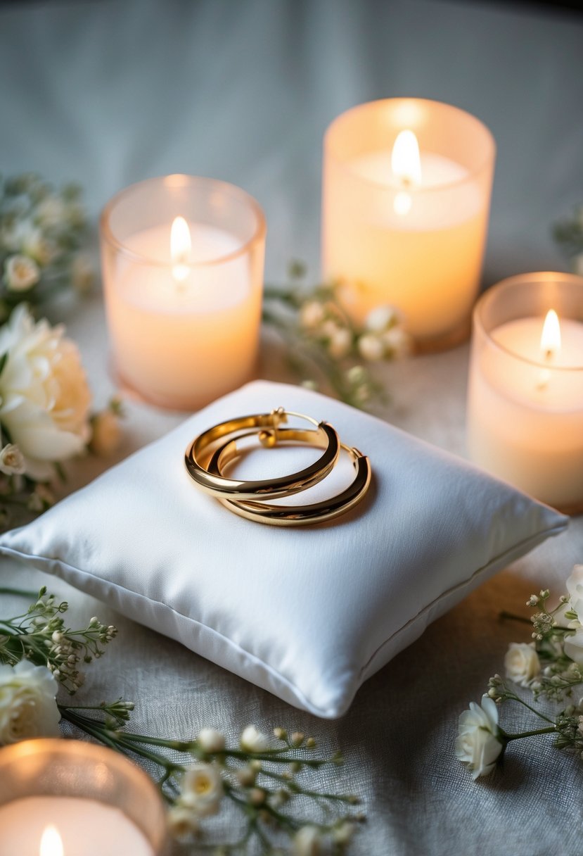 A pair of classic gold hoops on a white silk cushion, surrounded by delicate floral arrangements and soft candlelight