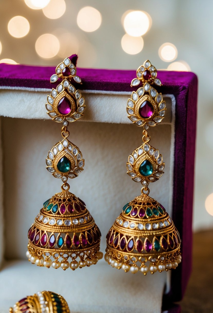 Intricately designed Kundan Jhumkas dangle from a velvet jewelry box, catching the light with their colorful gemstones and delicate gold filigree