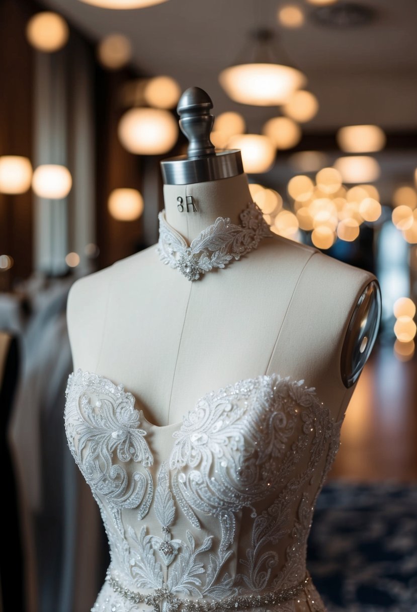 An elegant high neck wedding dress on a mannequin