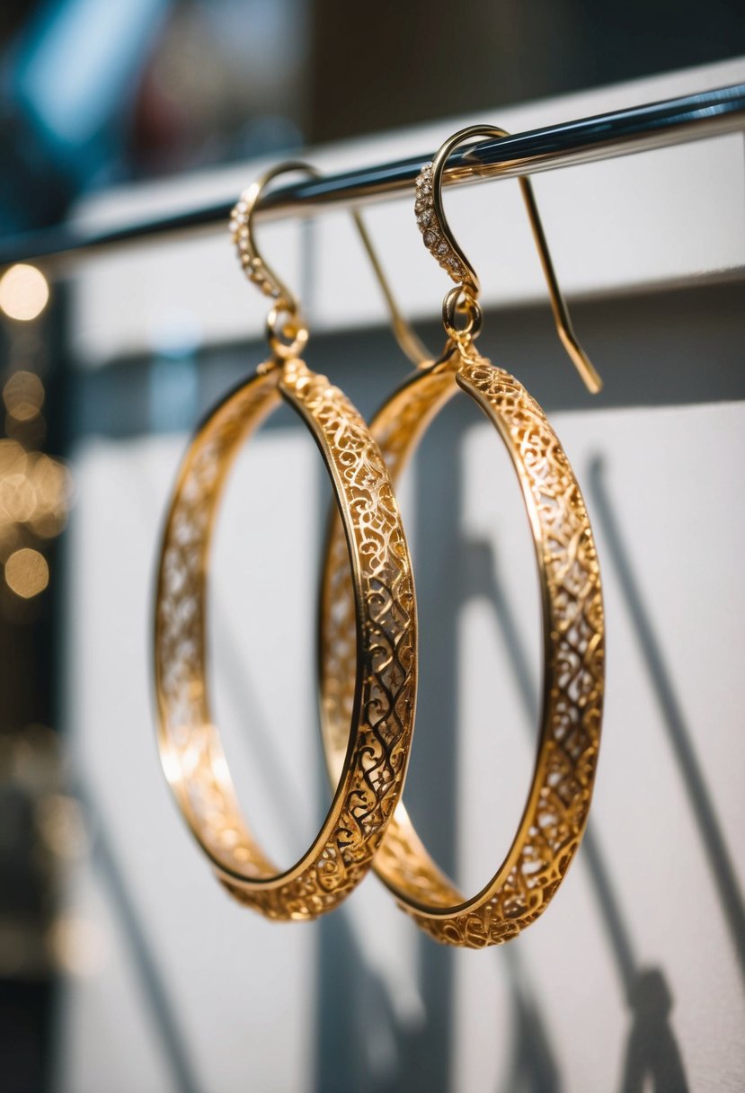 A pair of intricate filigree gold hoops dangle from a display, catching the light and casting delicate shadows