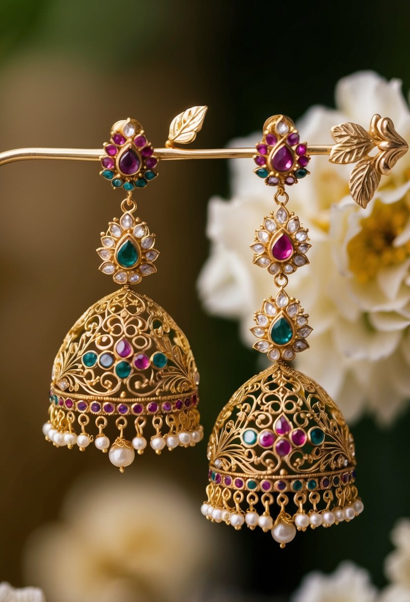 A pair of intricate Chandbalis earrings with colorful Polki stones, surrounded by delicate gold filigree and hanging from a floral motif