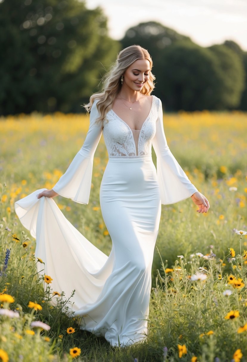 A bride in a boho bell sleeve tight wedding dress twirls in a field of wildflowers