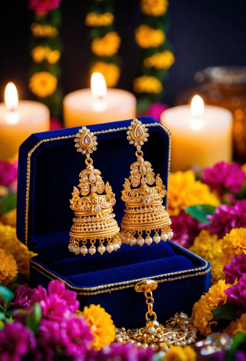 Intricately designed gold temple-style earrings hang from a velvet jewelry box, surrounded by vibrant floral garlands and flickering candlelight