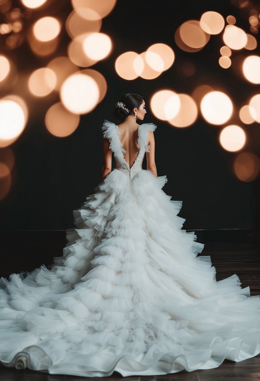 A dramatic, ruffled wedding dress with a long train flowing behind