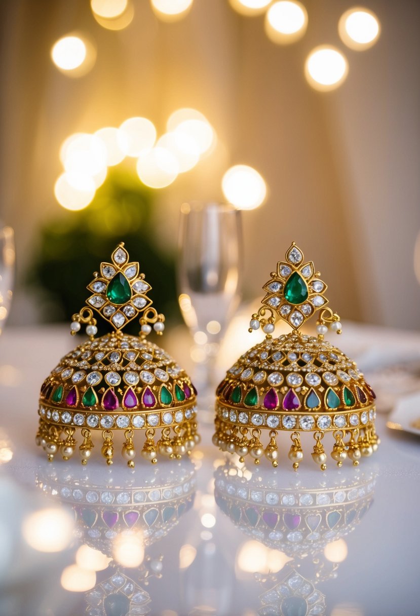 A sparkling pair of classic Jadau earrings, adorned with intricate designs and colorful gemstones, shining under the soft glow of wedding lights