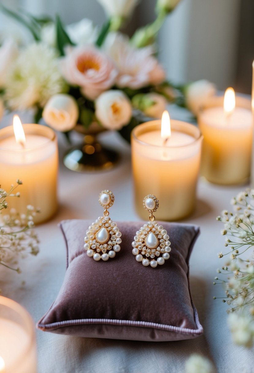 A pair of pearl-embellished gold earrings displayed on a luxurious velvet cushion, surrounded by soft candlelight and delicate floral arrangements