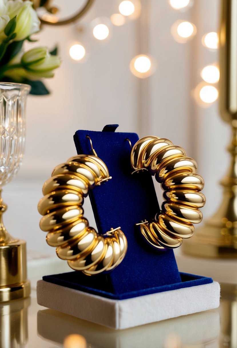 A pair of bold gold statement earrings displayed on a velvet cushion, surrounded by soft lighting and elegant decor