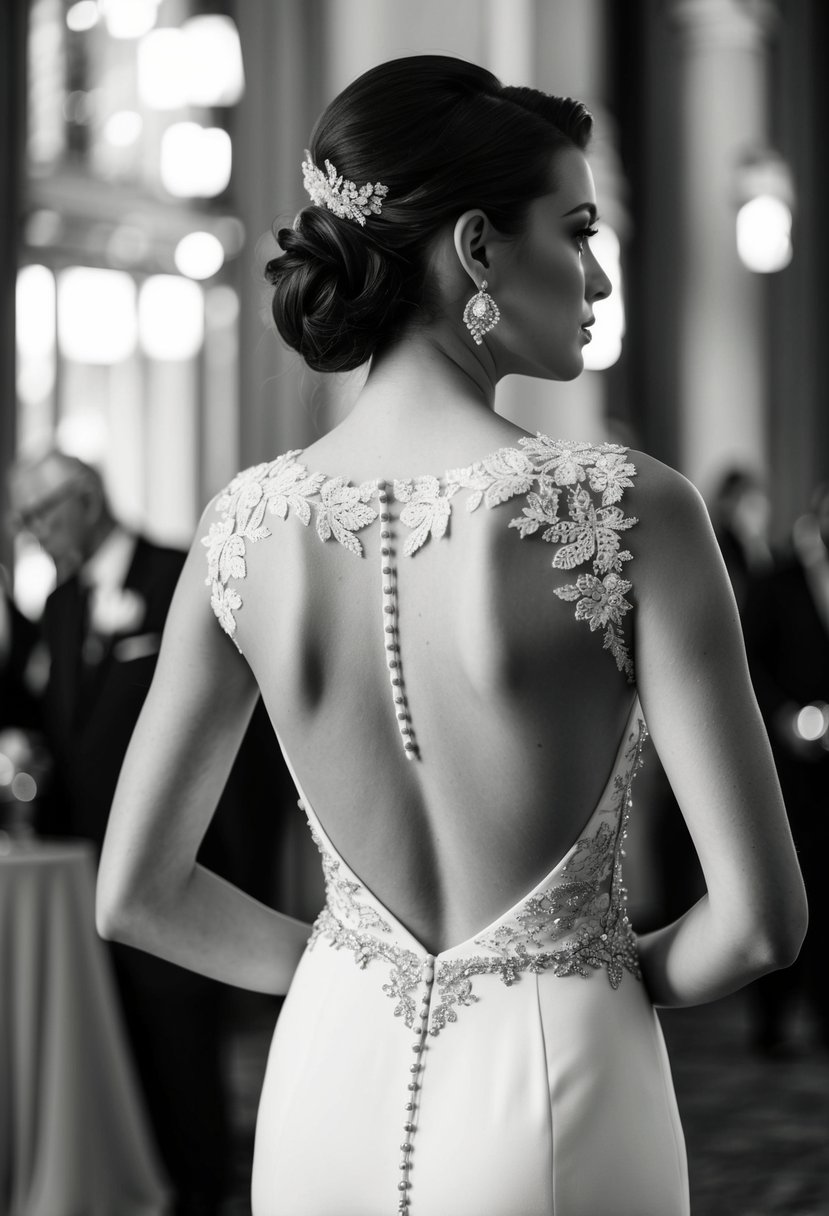 A sleek, form-fitting wedding dress with a daring backless design, adorned with bold embellishments and intricate lace detailing