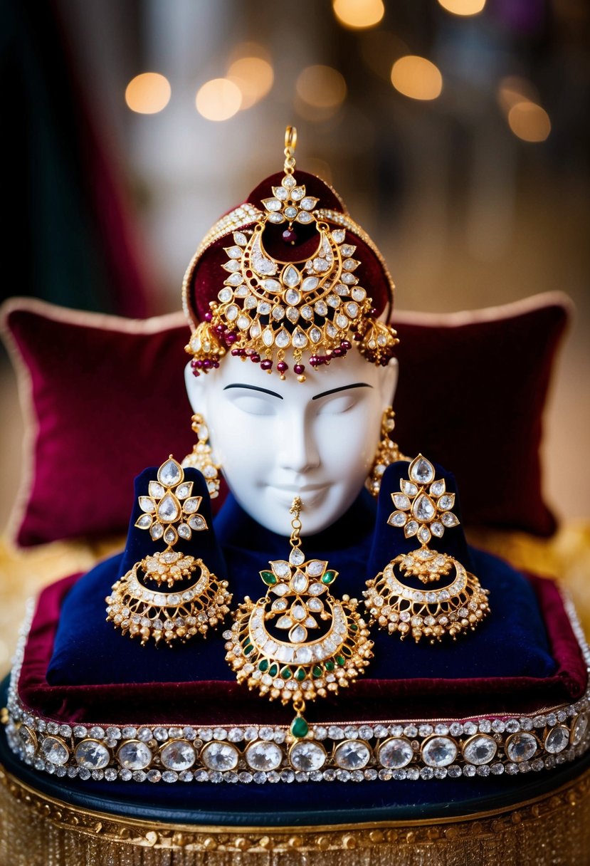 A beautiful Indian wedding earring and maang tikka set displayed on a velvet cushion with intricate designs and sparkling gemstones