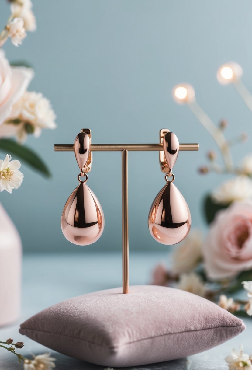 A pair of elegant rose gold drop earrings displayed on a velvet cushion, surrounded by soft lighting and delicate floral accents