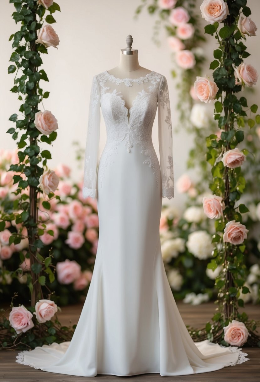 An elegant long-sleeved wedding dress with a fitted silhouette and intricate lace detailing, set against a romantic backdrop of blooming roses and trailing ivy