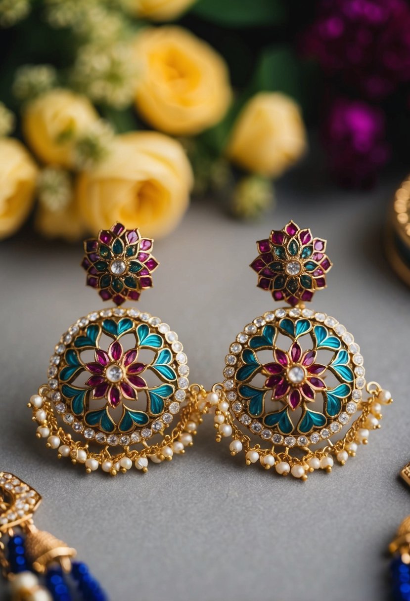 A pair of intricate floral design earrings, inspired by Indian wedding jewelry, featuring delicate details and vibrant colors