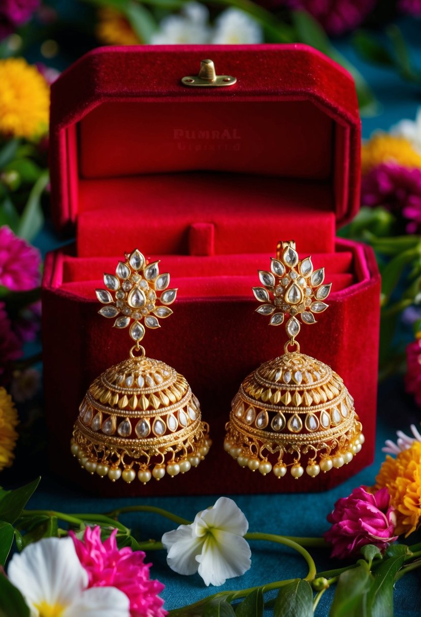 A pair of ornate gold jhumkas hanging from a red velvet jewelry box, surrounded by vibrant floral garlands