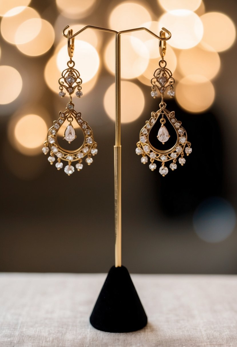 A pair of vintage gold chandelier earrings hanging from a jewelry stand, with soft lighting highlighting their intricate design