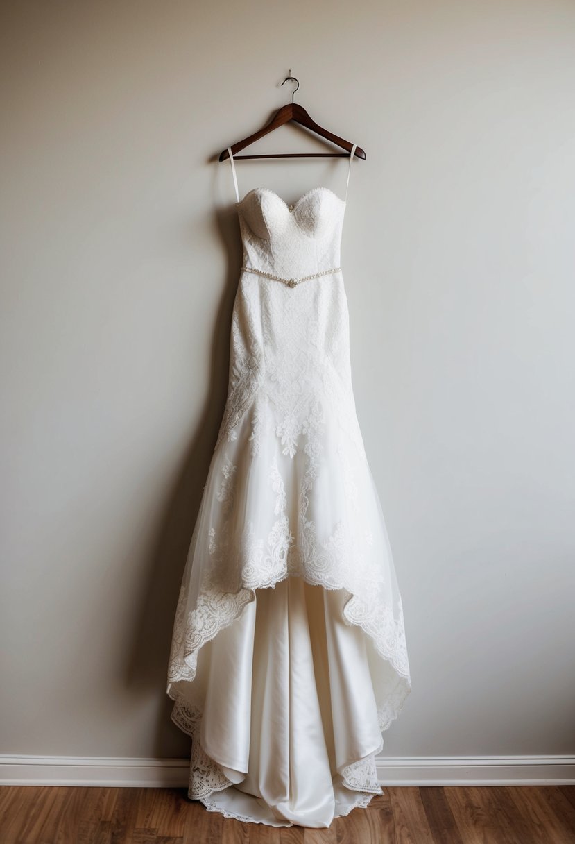 A white strapless wedding dress with intricate lace detail and a flowing train, hanging on a vintage wooden hanger