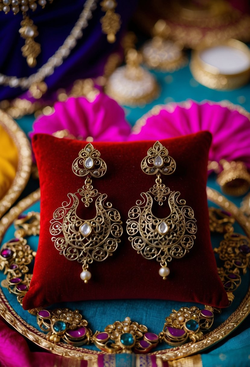 Two ornate antique filigree earrings displayed on a velvet cushion, surrounded by vibrant Indian wedding decor