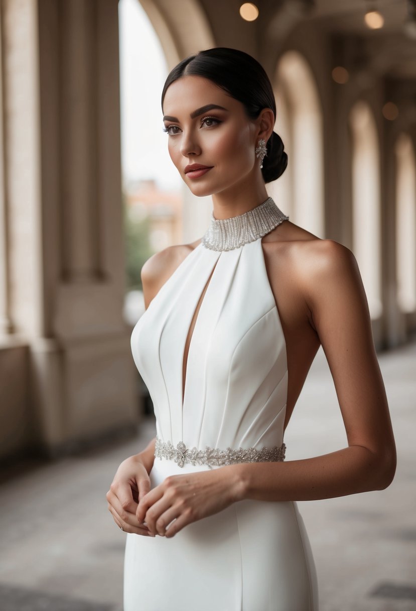 A sleek, form-fitting halter neck wedding dress with a modern silhouette and intricate detailing