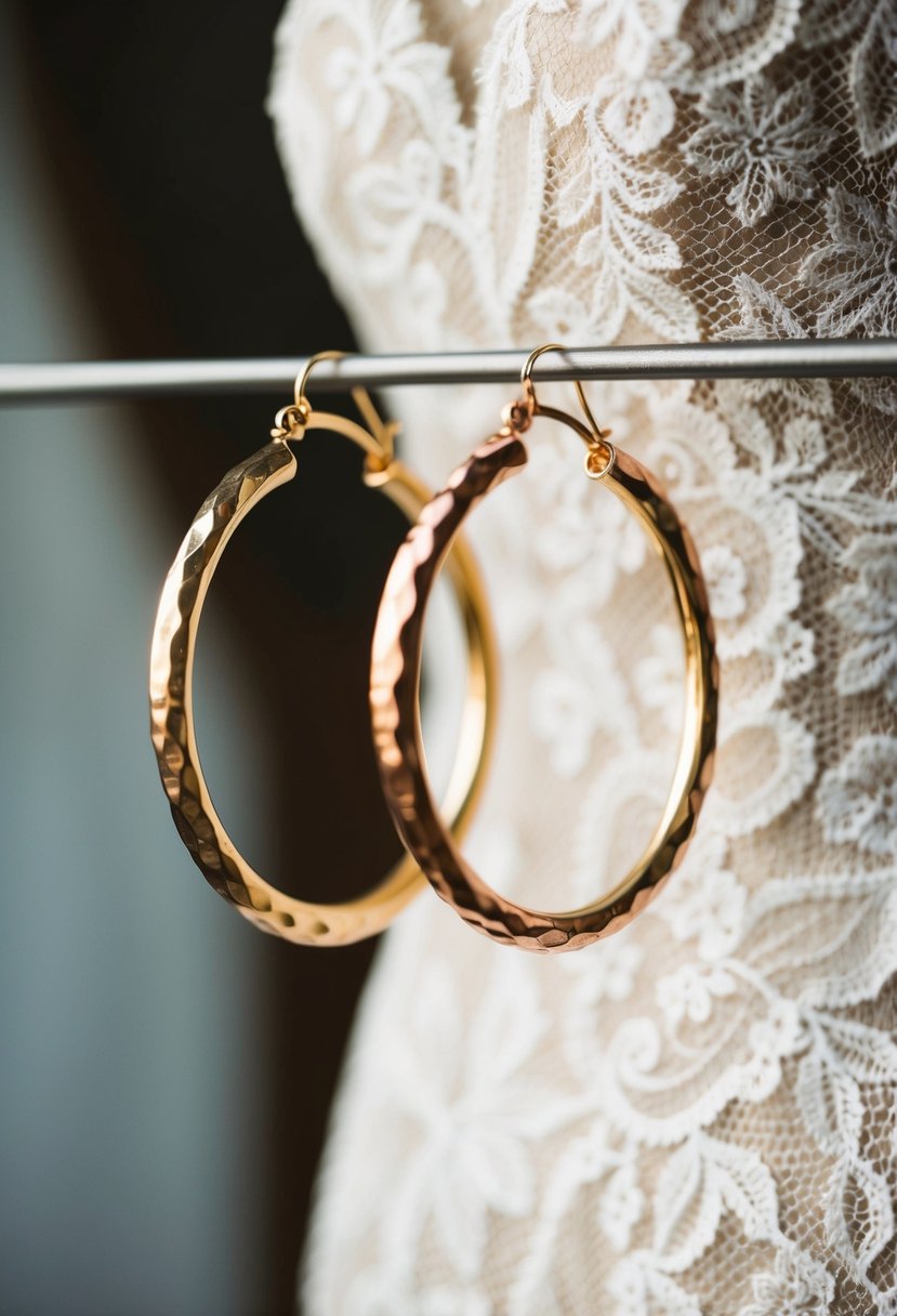 Two hammered gold hoops suspended in front of a lace wedding dress