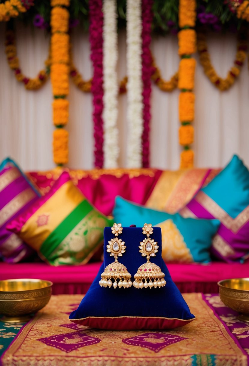 A vibrant Indian wedding scene with traditional decorations and colorful fabrics, featuring a pair of ornate pearl drop earrings displayed on a velvet cushion