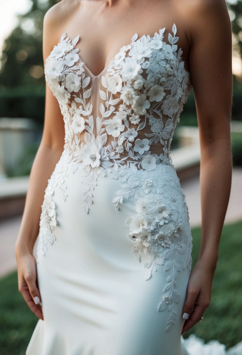 A close-up of a tight wedding dress adorned with intricate floral appliqués, exuding romance and elegance