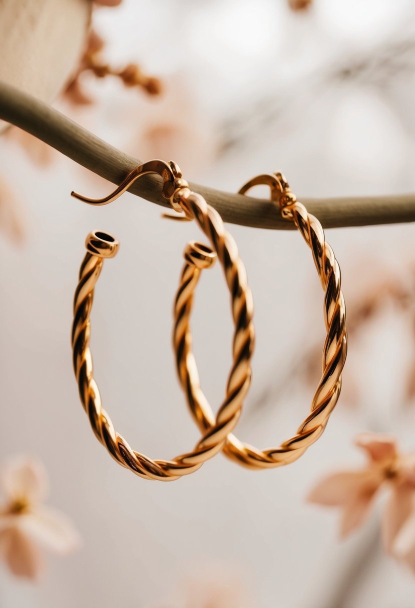 Two twisted gold hoops suspended in a soft, romantic setting with delicate details