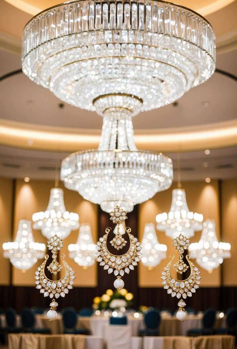 A grand ballroom with contemporary diamond chandeliers, showcasing elegant Indian wedding earring designs