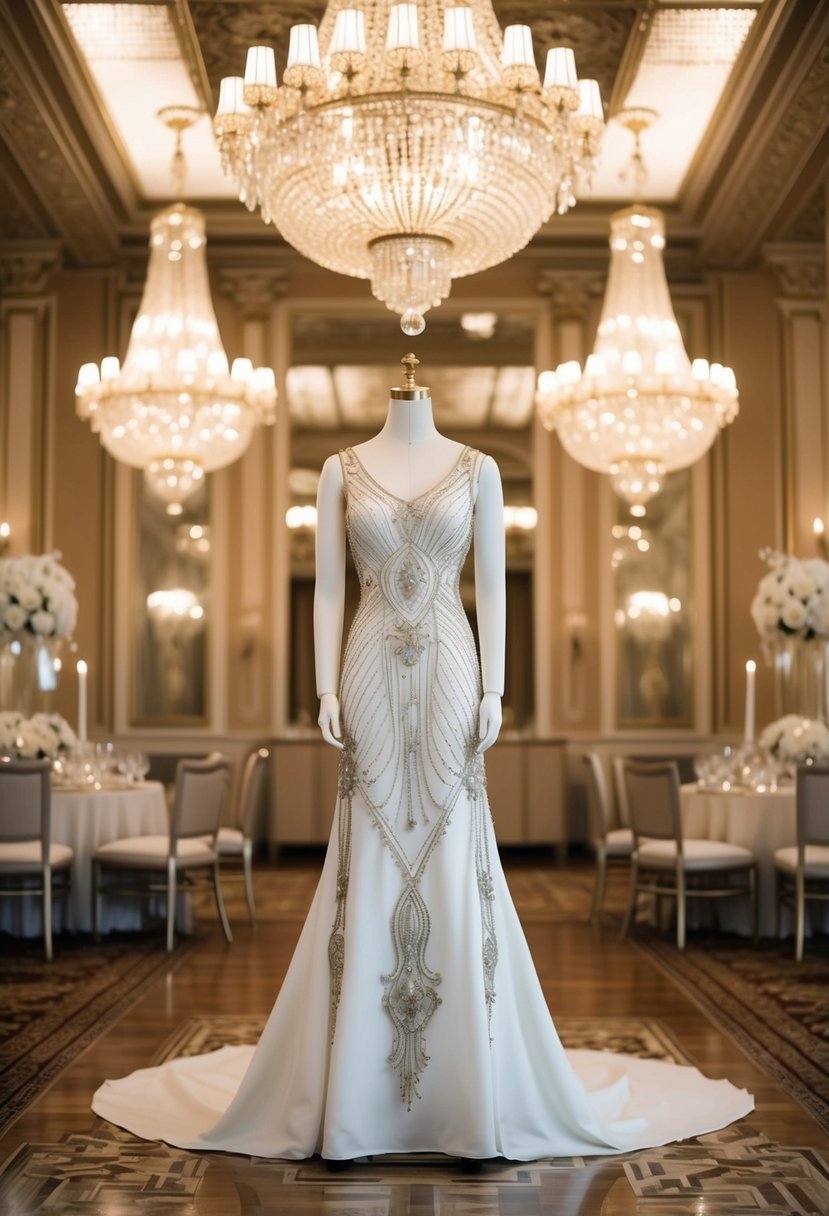 A lavish 1920s ballroom with opulent chandeliers and intricate art deco details, featuring a mannequin adorned in a sleek, embellished wedding gown