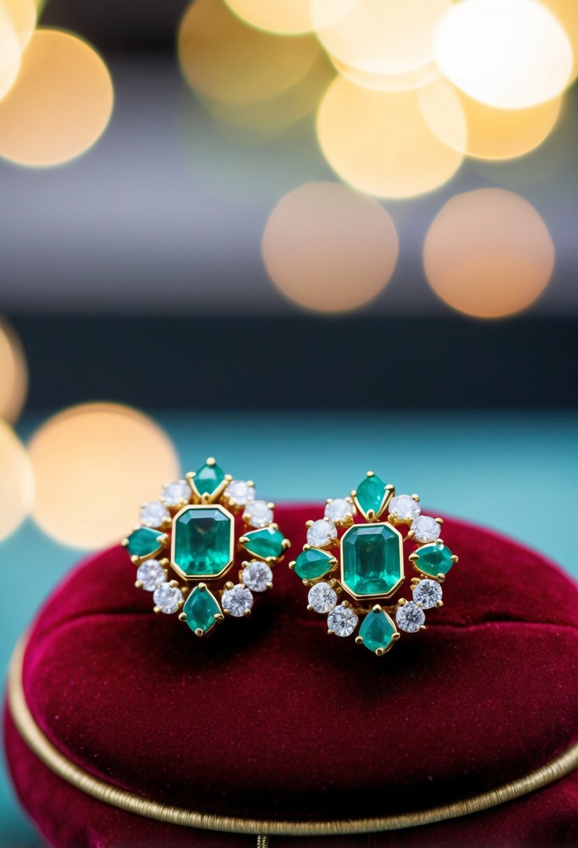 A pair of gold earrings with emerald accents displayed on a velvet cushion