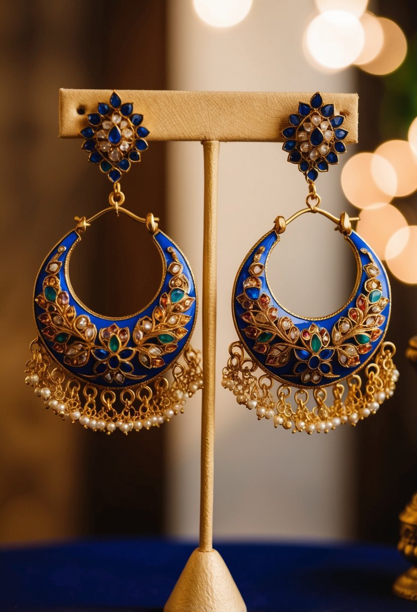 A pair of vintage Meenakari hoops dangle from a golden earring stand, showcasing intricate Indian wedding earring designs