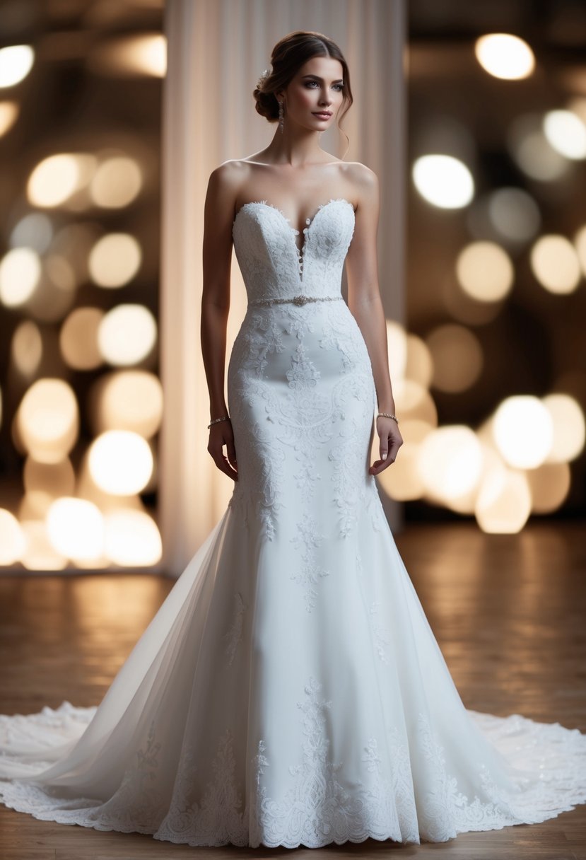 A sleek empire waistline wedding dress with intricate lace details and a flowing train