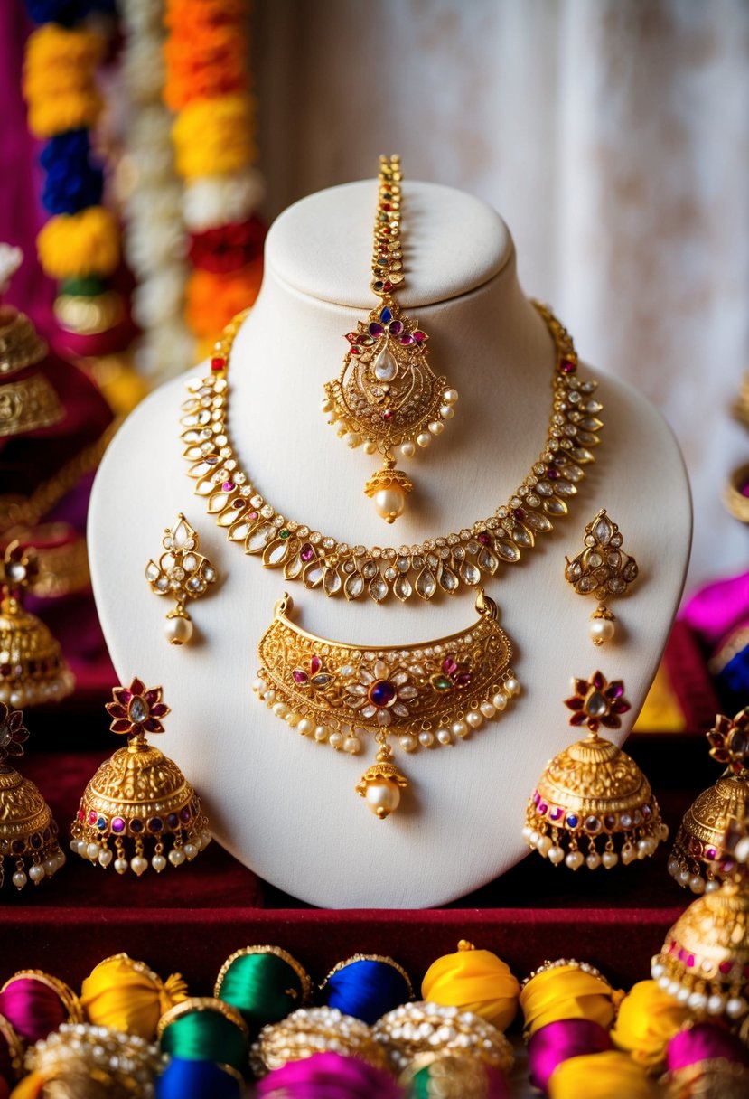 A golden maang tikka and intricate earrings arranged on a velvet display, surrounded by colorful Indian wedding decorations