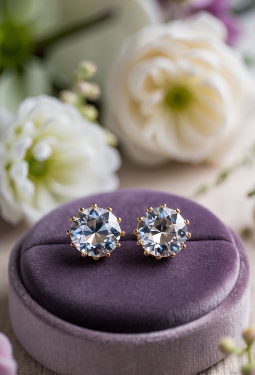 A pair of Swarovski crystal gold earrings displayed on a velvet cushion, surrounded by soft lighting and delicate floral accents