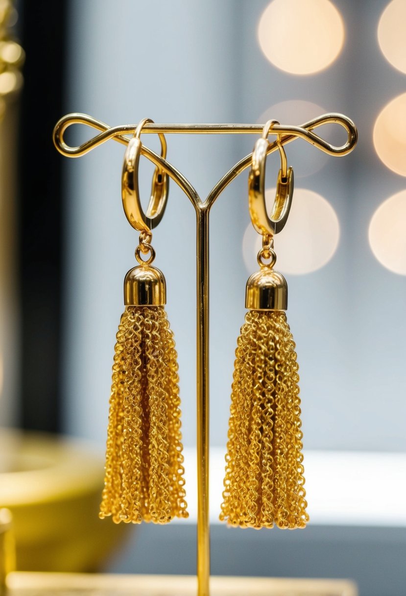 A pair of gold tassel earrings hanging from a display stand, catching the light and shimmering with delicate details