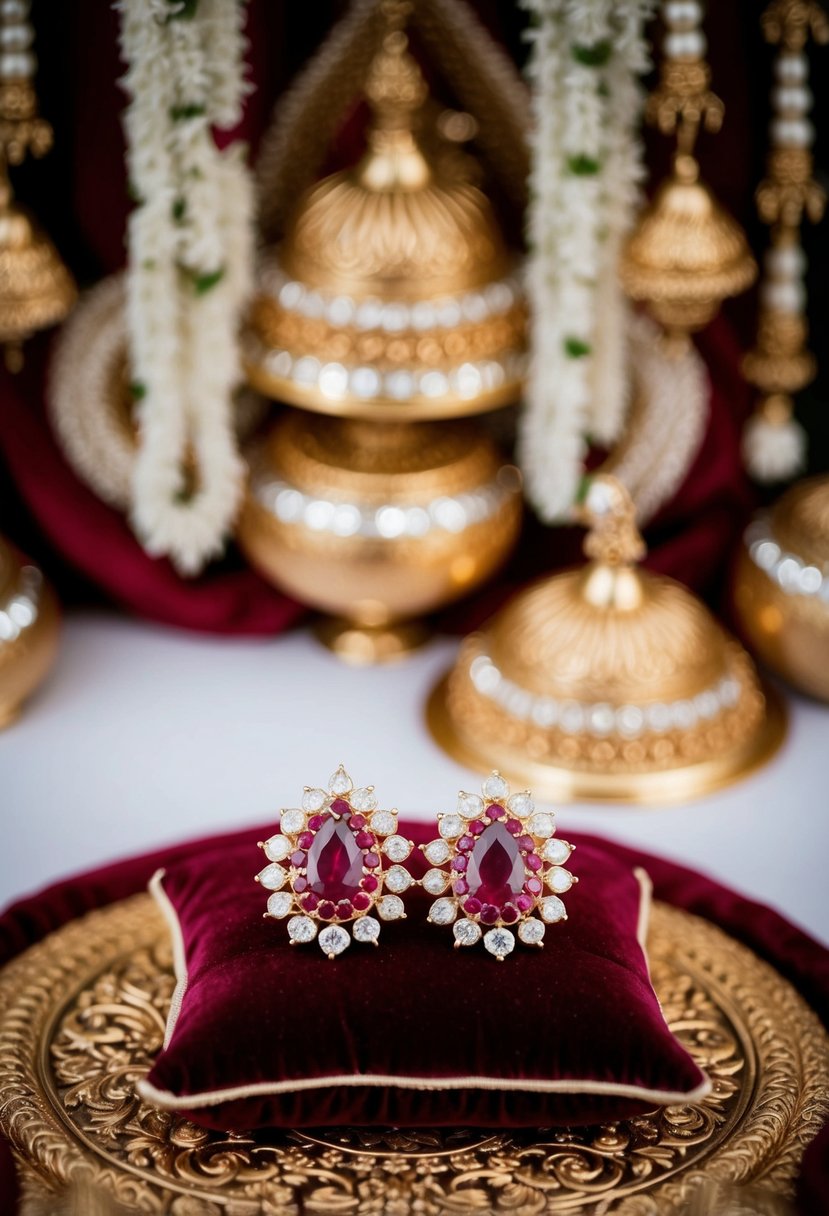 Shimmering ruby and gold earrings on a velvet cushion, surrounded by intricate Indian wedding decor