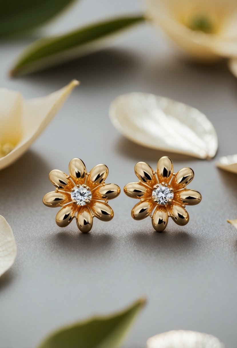 Two delicate gold floral studs surrounded by shimmering petals and leaves, perfect for a wedding earring design