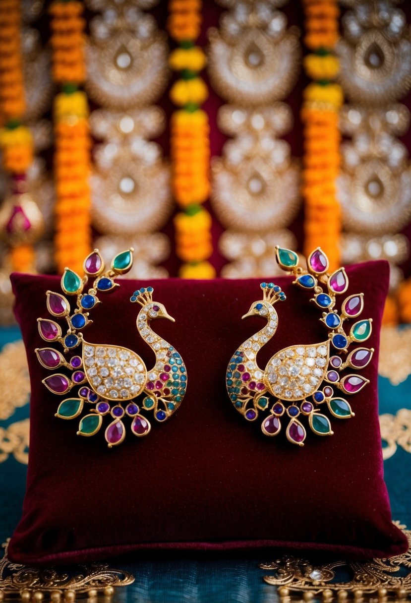 A pair of intricate peacock design studs, adorned with colorful gemstones, displayed on a velvet cushion against a backdrop of traditional Indian wedding motifs