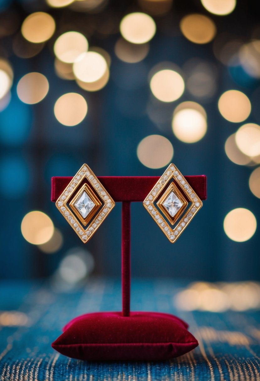 A pair of geometric gold earrings displayed on a velvet cushion