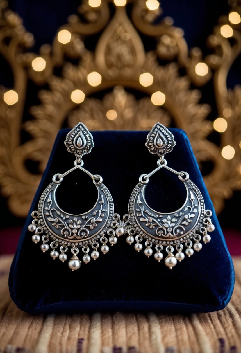 Oxidized silver earrings displayed on a velvet cushion with intricate Indian wedding motifs in the background