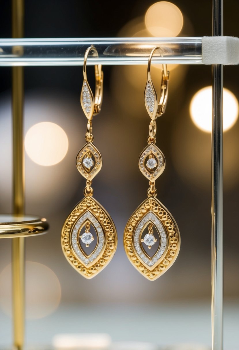 Two elegant gold dangle earrings hanging from a display, with soft lighting to highlight their intricate design and shimmering details