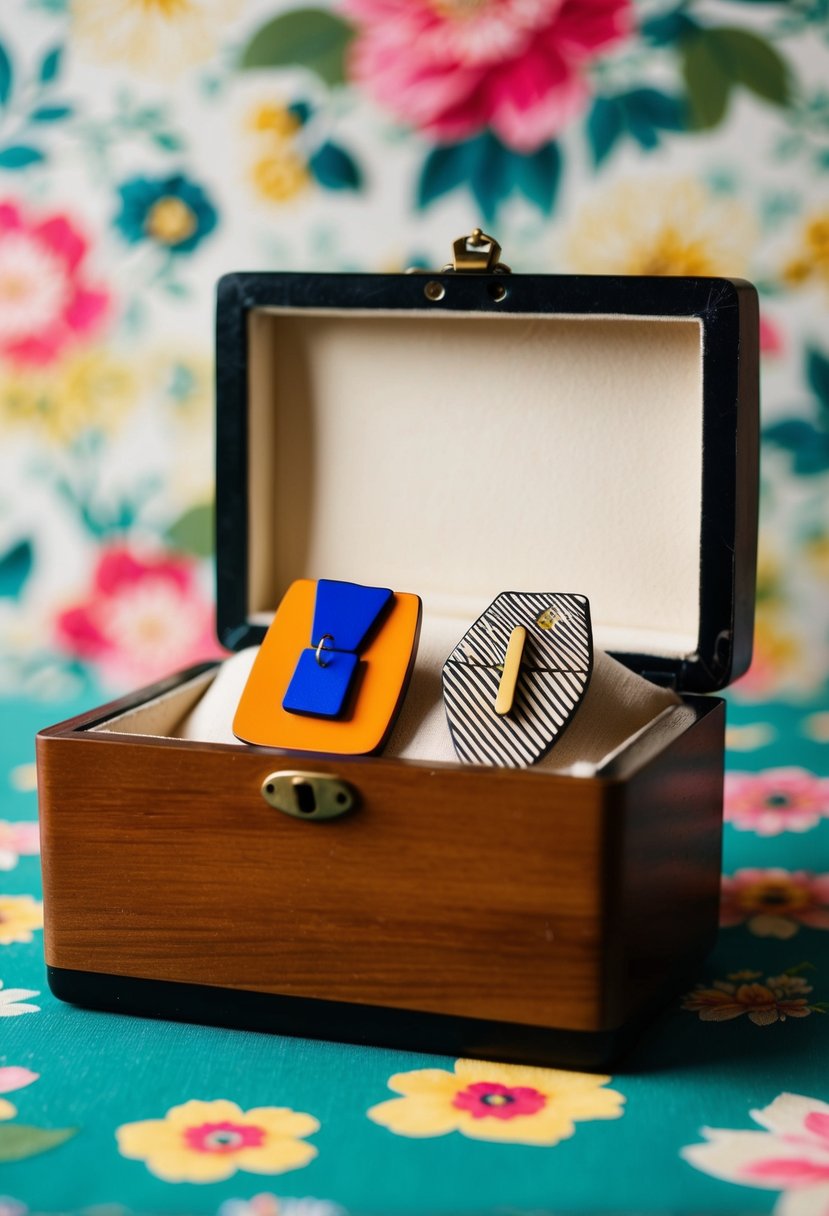 A vintage wooden jewelry box filled with 70s-inspired earrings in bold colors and geometric shapes, set against a floral wallpaper background