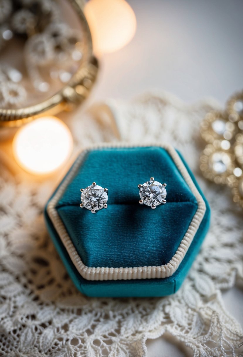 A pair of diamond stud earrings displayed on a velvet cushion, surrounded by soft lighting and vintage lace