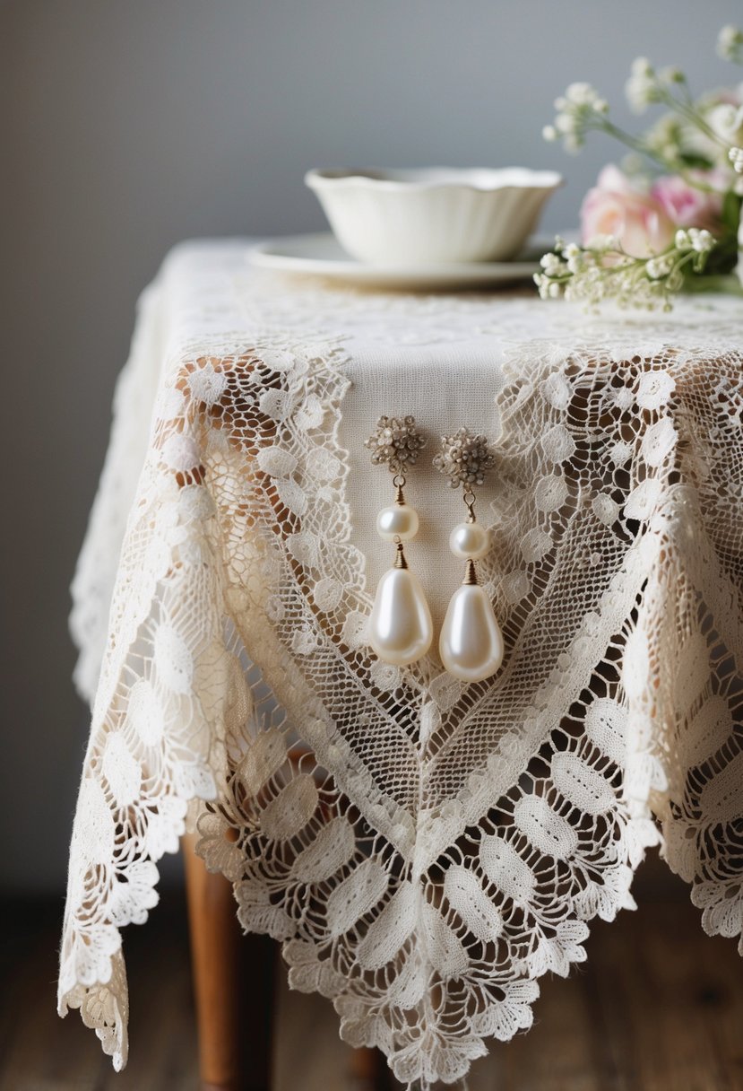 A vintage lace tablecloth draped over a wooden table, adorned with a pair of pearl drop earrings and delicate floral accents