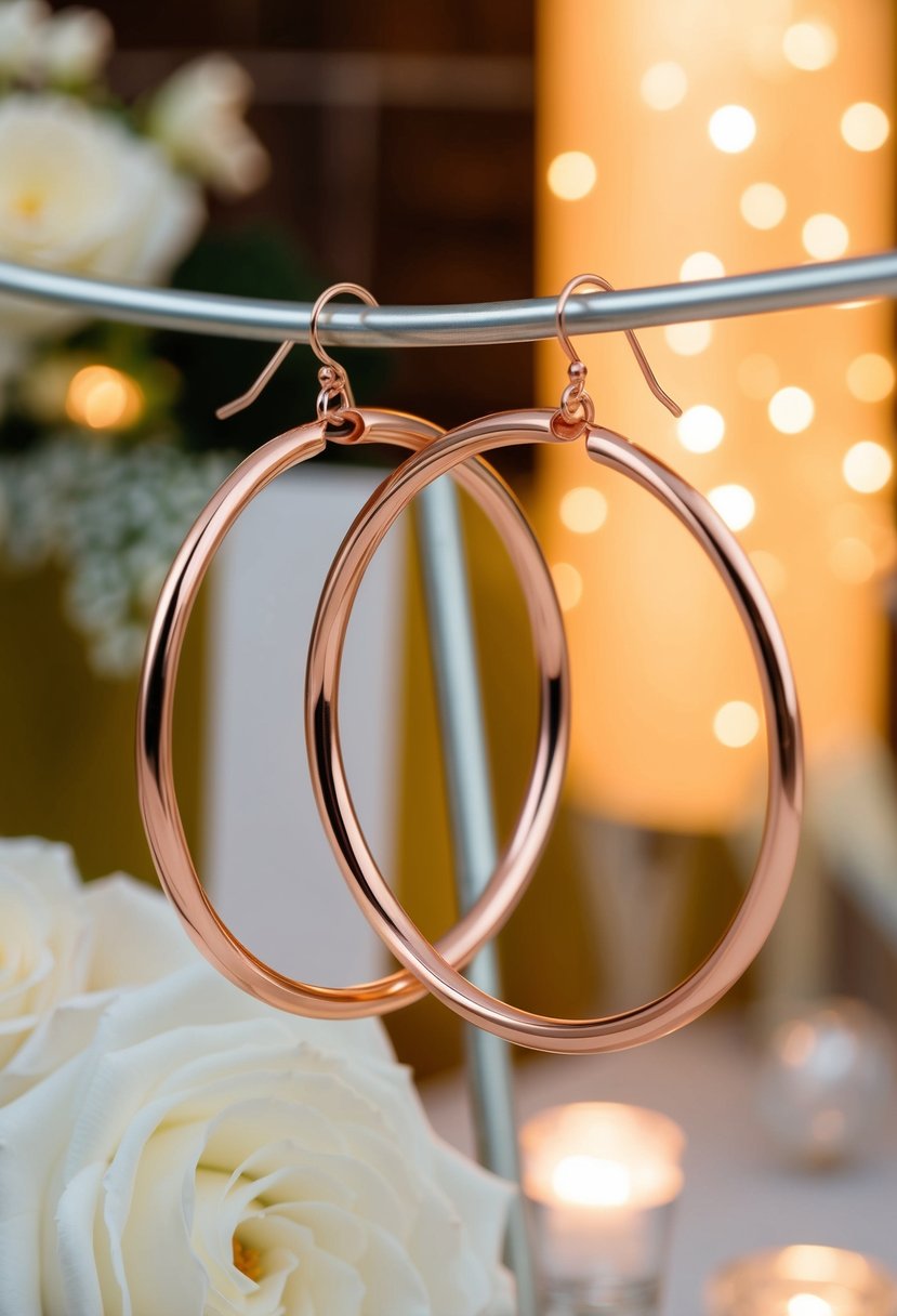 A sleek pair of rose gold hoop earrings suspended in mid-air, casting a warm glow against a backdrop of retro 70s wedding decor