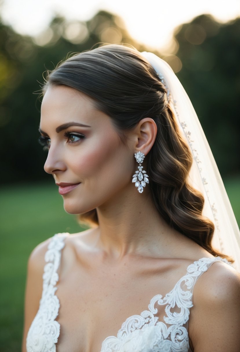 A bride with her hair down, wearing elegant wedding earrings