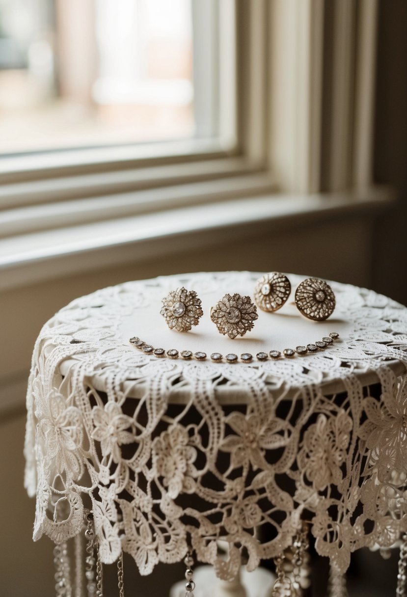 A vintage lace table with a collection of sparkling art deco earrings