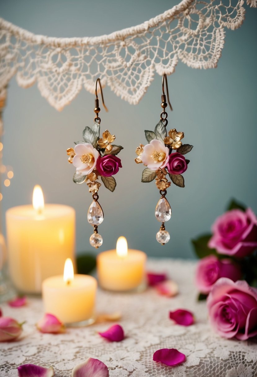 A pair of delicate floral chandelier earrings dangle from a vintage lace tablecloth, surrounded by soft candlelight and scattered rose petals